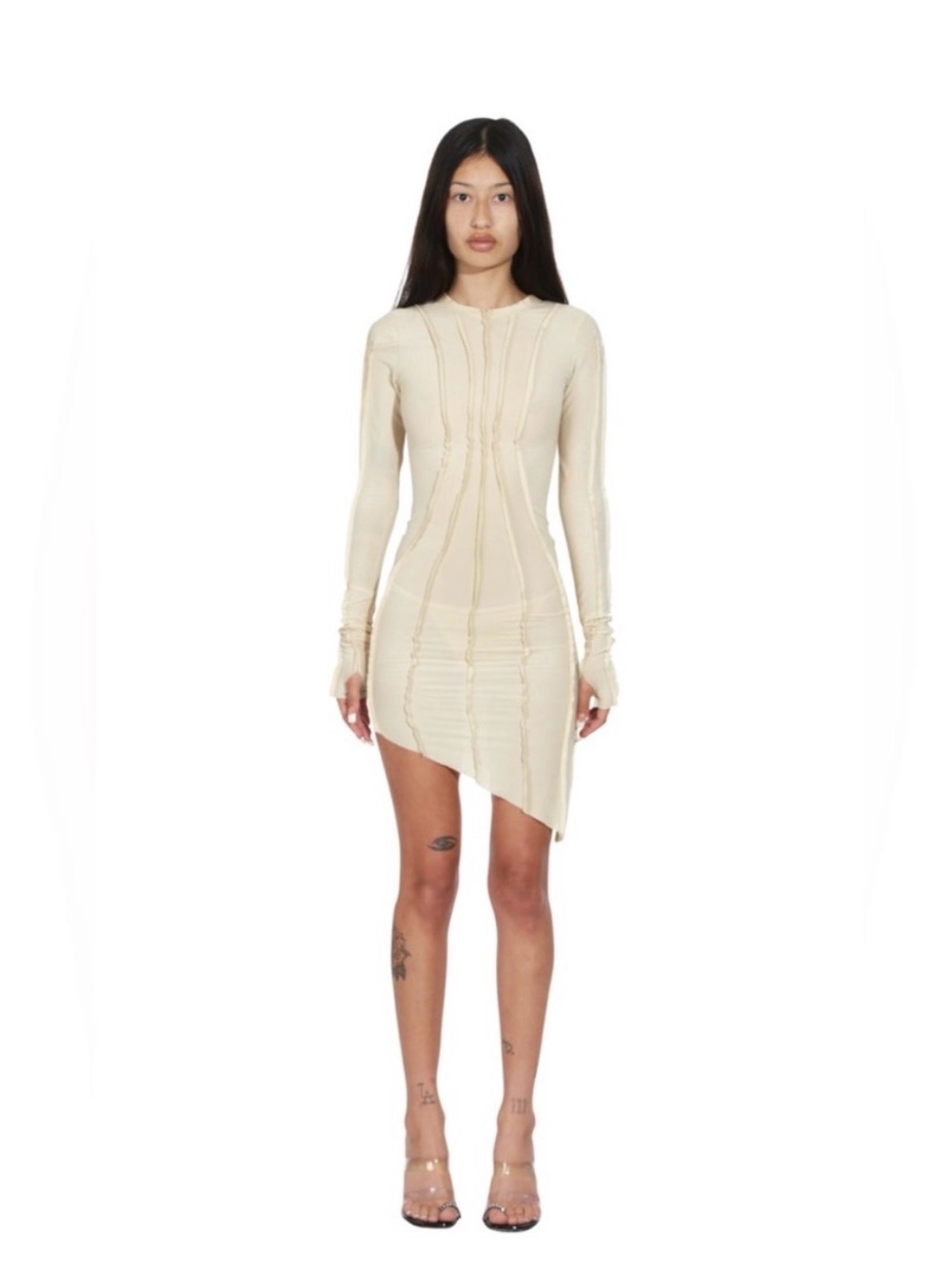SAMI MIRO VINTAGE Cream Asymmetrical Long-Sleeve Bodycon Dress